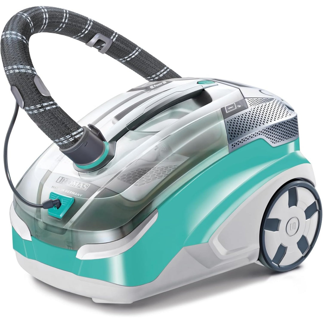 Aspirateur de sol sur roues, coloris gris et blanc, avec la collecte sans sac